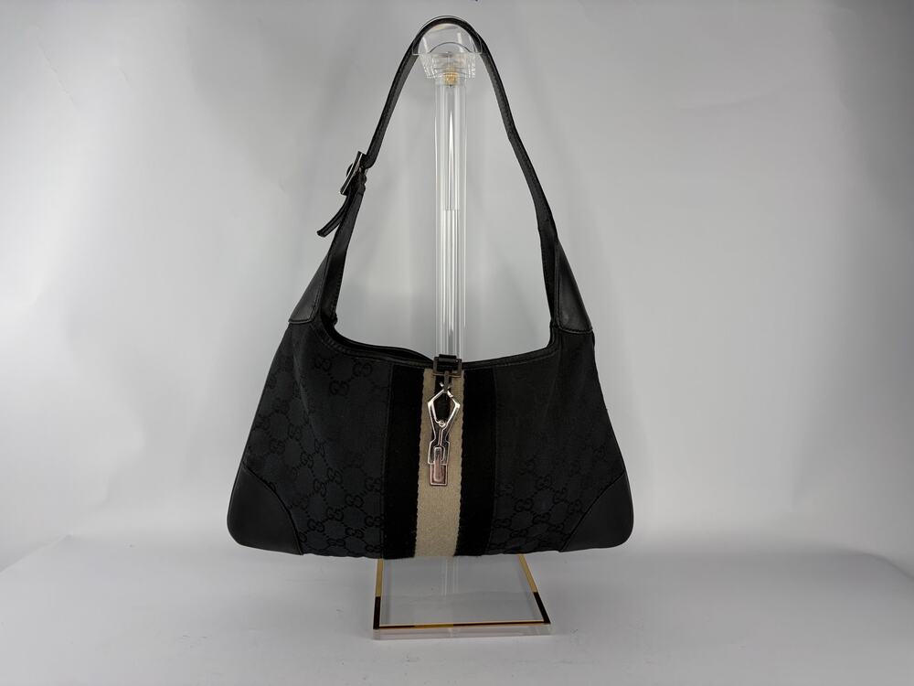 Gucci Jackie Black GG Canvas Web Stripe Shoulder Bag Silver Clasp